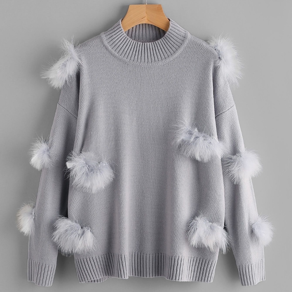 Shein feather grey pom pom sweater